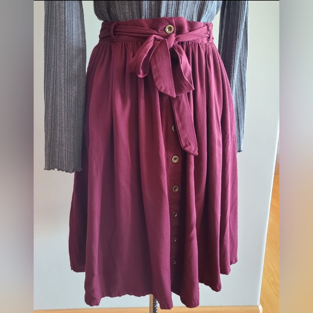 Modcloth Tie Waist Knee Length Skirt - Burgundy - Dreamer and Doer Skirt